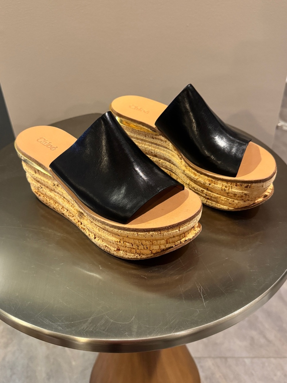 Chloé Black Leather Cork Platform Wedge Mules IA999 Size 38
